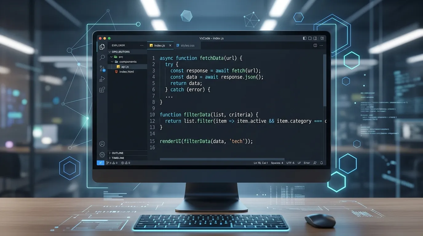 JavaScript developer workspace with clean syntax visualization