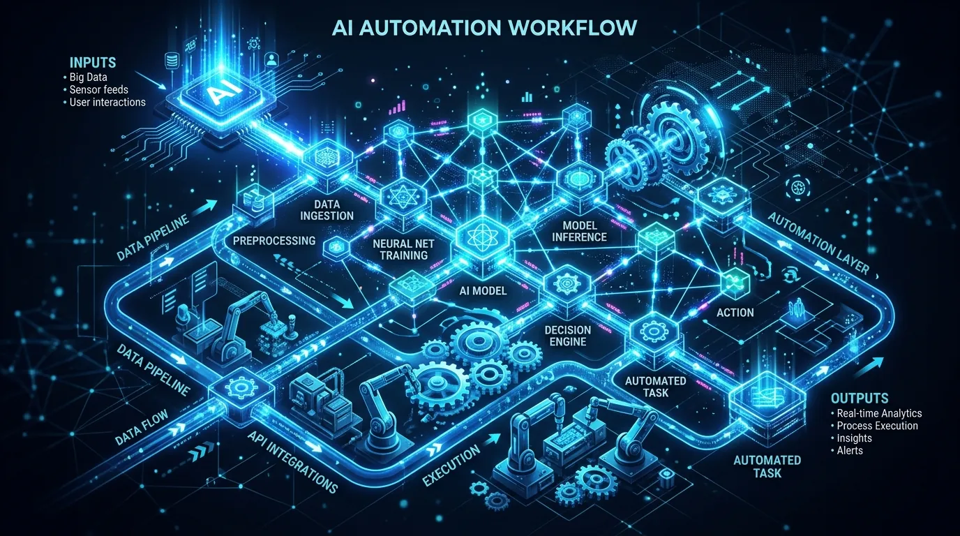 Automated AI workflow nodes connecting data streams and business systems