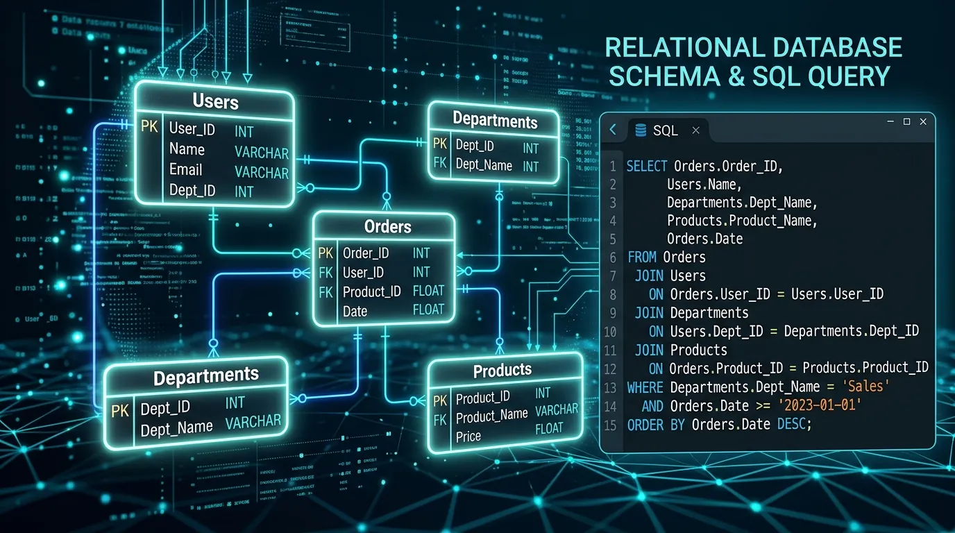 Relational database schema diagrams and optimized SQL queries